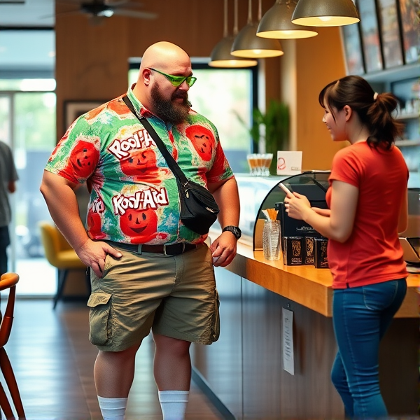 A bald 300 lb muscular man  wearing cargo shorts, a kool-aid man shirt, white socks, sketchers shoes, neon green cycling glasses, cross body bag, talking to an Asian woman cashier, at a Cafe
