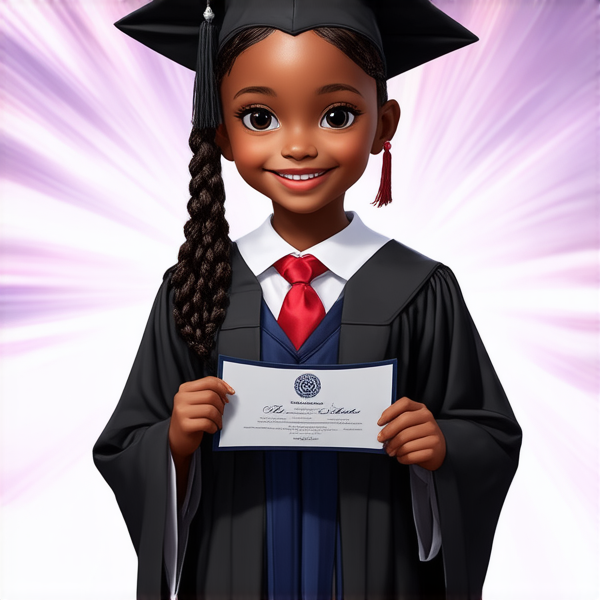 jeune fille noire de huit ans avec des tresses africaines traditionnelles, habillée élégamment pour une cérémonie de remise de diplôme, tenant son certificat, souriante et fière