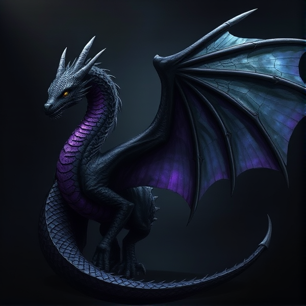 A black dragon, with silver scales on the bottom of their wings, a purple colour fading from their back to their tail