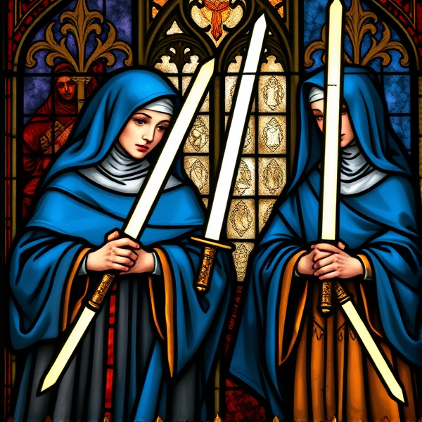 Arthurian nuns wearing blue habits and holding light swords in the style of medieval stained glass