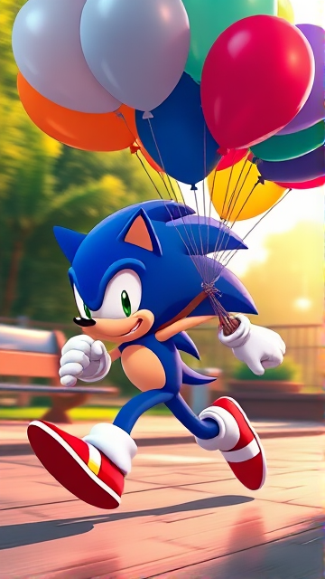 Sonic the Hedgehog sprinting energetically with a dynamic blur effect, firmly holding an eclectic array of helium balloons measuring 16 inches in diameter, amidst an animated park setting bursting with color and life, all depicted in a strikingly vibrant and detailed anime art style