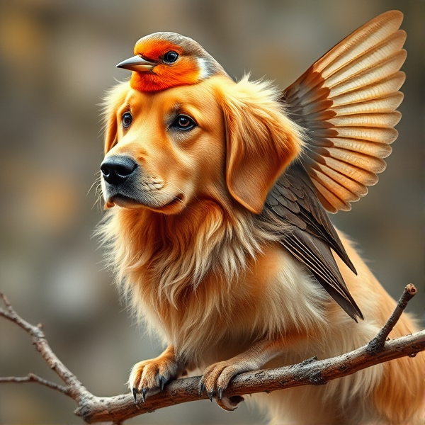 A majestic creature that combines the features of a golden retriever with those of a Robin, showcasing the soft golden fur and friendly eyes of the retriever seamlessly blended with the red-breasted plumage and wings of a Robin, perched gracefully on a branch