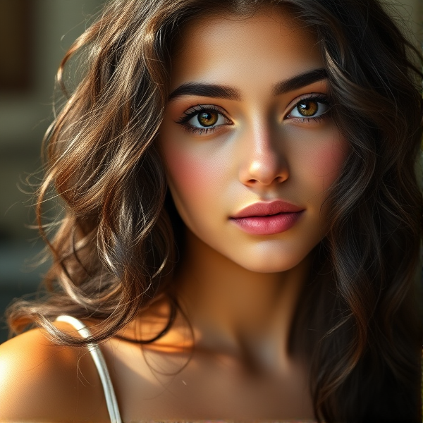 A 20 year old girl with long naturally curly dark brown hair, short eyelashes, high-ish cheek bones, brown eyes, medium thick eyebrows, medium thick lips, slight tan skin, slight natural blush light under eyes thinner eyebrows. In realism