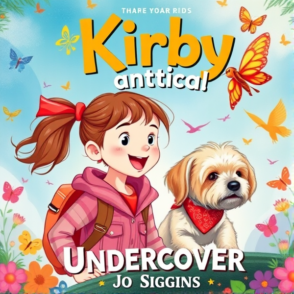 Bright and whimsical book cover design featuring a 10 year old with brown ponytail with red ribbon as the protagonist on an adventurous journey, bursting with vivid colors and elements that appeal to 10-year-old girls such as butterflies and pretty birds, and friendly cream long haired scruffy small terrier dog with long hanging ears and red bandana around neck. The artwork should capture the essence of a childlike wonder and the excitement of exploration, ideally incorporating symbols of adventure like compasses, binoculars, or hidden paths. The typography should be bold and inviting, resonating with young readers' imagination and sense of fun. The title is: Kirby Undercover. The author name is: Jo Siggins. The style should realistic hand drawn illustration
