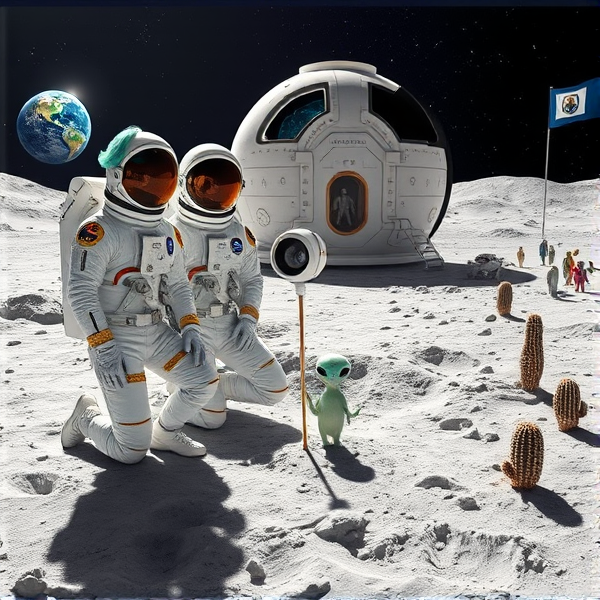 Trois astronautes, dont un humain et deux extraterrestres aux apparences distinctes, prennent la pose sur le sol lunaire parsemé de régolithe scintillant. Sur la gauche, l'un des extraterrestres se distingue par sa chevelure opulente d'un bleu émeraude intense flottant en apesanteur derrière son casque transparent. Ils portent tous des combinaisons spatiales élégantes de couleur blanche, ornées de motifs dorés complexes et d'incrustations perlées lumineuses, rehaussées par des détails chromés miroitants. Chaque combinaison est marquée par un écusson personnalisé qui reflète l'emblème de leur mission spatiale respective. En position agenouillée, ils manipulent du matériel scientifique avec des gants conçus pour une précision accrue. À leurs côtés se tient une créature extraterrestre bienveillante dont la peau iridescente projette un kaléidoscope de couleurs cosmiques vibrantes.

Dans un biodôme à l'architecture futuriste façonné avec des matériaux lunaires innovants, on observe un astronaute consciencieux plantant méticuleusement des graines de pavot dans un jardin hydroponique éclairé par une lumière artificielle simulant parfaitement le spectre solaire nécessaire à la photosynthèse terrienne. Les visières réfléchissantes des casques captent et reflètent le paysage lunaire stérile alentour. En arrière-plan s'élève fièrement un module d'habitation avec le symbole du Québec gravé avec soin sur sa surface externe, offrant à travers sa fenêtre une vue spectaculaire sur la Terre lointaine.

Des instruments scientifiques de pointe tels que capteurs environnementaux et moniteurs dédiés à la végétation côtoient des panneaux solaires disposés méthodiquement pour maximiser leur efficacité énergétique. Un fanion du Manchester City Football Club est affiché près du module résidentiel symbolisant l'alliance entre les explorations sportive et spatiale.

Le relief lunaire environnant est caractérisé par d'imposants cratères et reliefs variés formant un contraste saisissant avec les structures avancées installées par les humains et leurs alliés extraterrestres. Une lumière douce illumine cette colonie intergalactique sous un ciel nocturne étoilé qui se dégrade du noir absolu vers un bleu outremer vibrant. Proche du biodôme flotte le drapeau acadien tandis qu'à une distance modeste se trouve garée une navette spatiale extraterrestre au design sophistiqué entourée de divers êtres cosmiques pacifiques réunis en assemblée tranquille autour d'elle. Un drone technologiquement avancé surveille les environs non loin du fanion québécois, tandis que quelques cactus lunaires viennent enrichir la biodiversité exotique de ce havre accueillant où trône également une adorable créature extraterrestre naine.