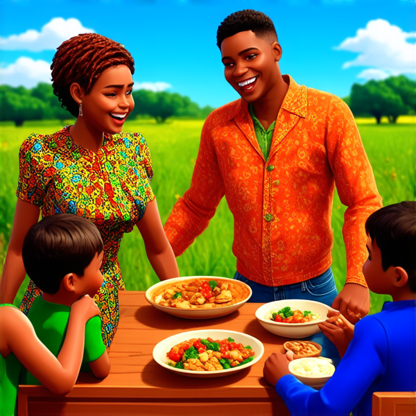 Famille nombreuse souriante réunie autour d'une table rustique en bois garnie de plats traditionnels africains, sous un ciel bleu dans un cadre champêtre avec des arbres et une végétation luxuriante, portant des vêtements africains colorés et variés, échangeant des rires et des conversations chaleureuses