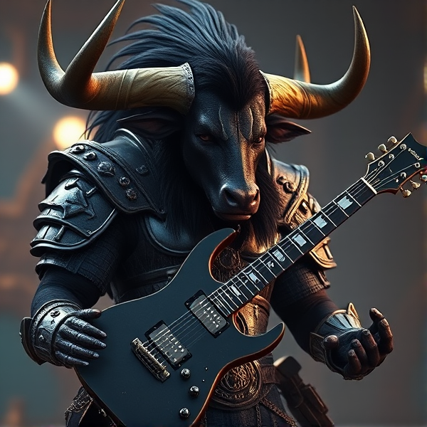 Créer une image détaillée d'un minotaure imposant en armure de guerrier, avec un corps et une tête de taureau. une guitare hache Gene Simmons