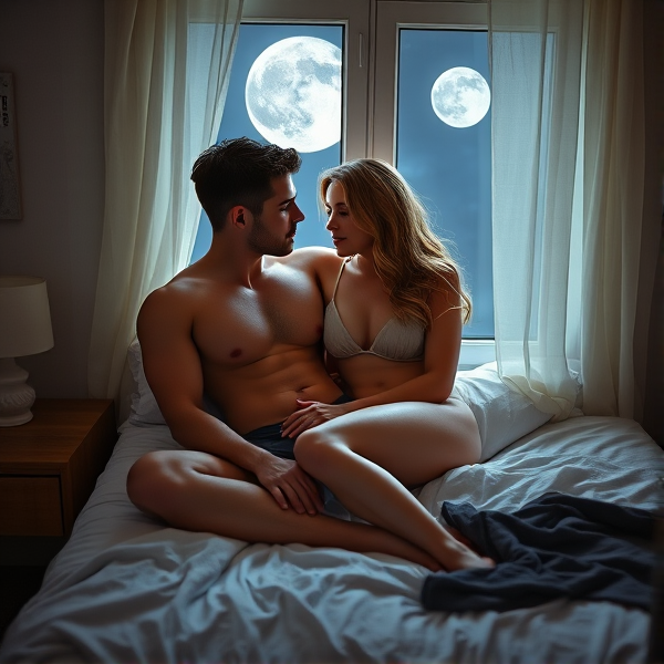 Envision a college dormitory room, bathed in the quiet glow of a full moon's silver light that pours through an ajar window, where delicate gauzy curtains flutter in a gentle nocturnal zephyr. The atmosphere is charged with tranquility and the dawn of romance. Central to this scene is a twin XL bed, where an intimately entwined young couple—a man and woman—repose in a serene cuddle.

The man's physique is reminiscent of classical Greek sculptures, with chiseled muscles that seem to be carved from marble and subtly illuminated by the moonlight. His chest is well-defined with abdominal muscles evoking images of an elite underwear model. Golden locks cascade over his shoulders, each strand seemingly spun from moonbeams.

His female counterpart exudes the allure of ancient goddesses; her visage softly lit by lunar caress as delicate eyelash shadows dance upon her cheeks. Her figure is athletic yet feminine.

The lovers' nude forms are barely obscured by nothing more than wafting linens, hinting at their silhouettes while accentuating the natural rhythm of their breathing.

Discarded garments trail towards the bed, suggesting an evening consumed by fervent passion. Interlocked hands rest on the bed sheets—silent witnesses to their enduring attraction.

This scene encapsulates the essence of youthful love and desire at its zenith, all set within a sanctuary free from external judgment. The imagery should be crafted to capture realistic human anatomy and proportions for both individuals, highlighting not just facial features but also correct limb placement for authenticity.

tranquility in a college dorm room under full moonlight through open window with soft breeze, serene atmosphere, beginning romance, twin XL bed with young couple embracing peacefully