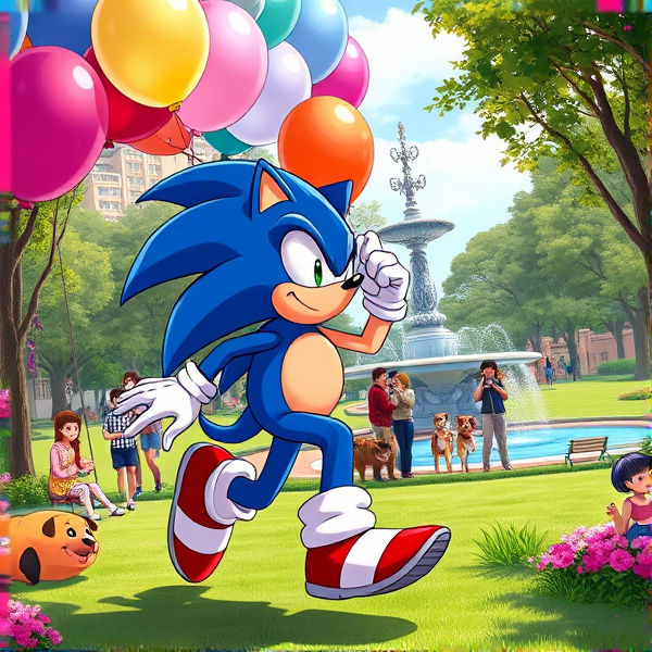 Sonic the Hedgehog captured mid-stride in a dynamic stand pose, with his iconic blue quills trailing behind him. He's  gripping and vivid collection of assorted balloons—450 in total, each measuring 16 inches. The balloons are in various shades and have a shimmering sheen to them, reflecting the sunlight. Sonic is sporting his red shoes with white stripes and gold buckle, which blur slightly from his incredible speed. The bustling park around him is alive with activity; there are children playing on swings, couples walking dogs of various breeds, street performers juggling and people picnicking on checkered blankets. Lush green trees dot the landscape, their leaves rustling gently in the breeze, and vibrant flower beds add pops of color throughout the scene. In the background stands an elaborate fountain cascading water into a clear blue basin. All elements are illustrated in a richly saturated anime art style that emphasizes bold lines and dramatic lighting to enhance the dynamic nature of Sonic's movement and helium gas cylinder