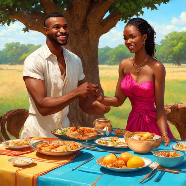 prompt: Un grand repas de famille traditionnel en plein air sous un baobab en Afrique, avec des plats locaux colorés et variés, des fruits exotiques, une grande nappe colorée, des hommes et femmes africains vêtus de tenues traditionnelles multicolores souriants et partageant un moment convivial