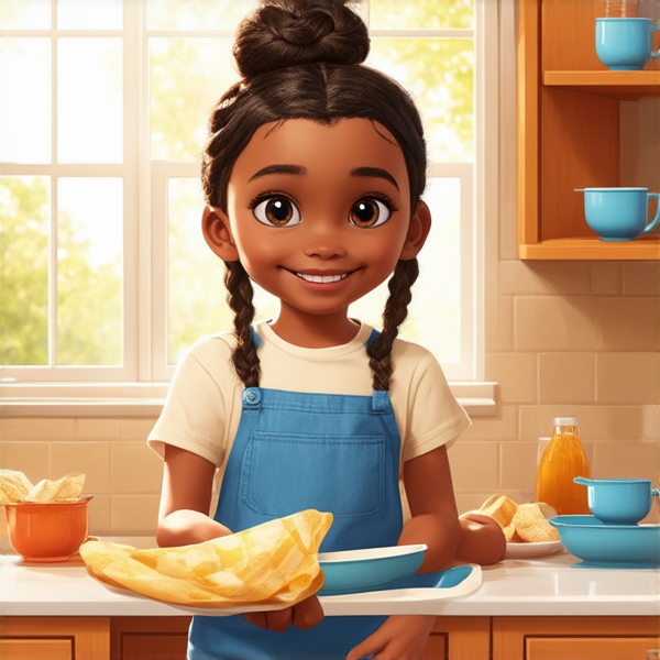 deux adolescents noirs de 14 ans vêtus de vêtements décontractés effectuant avec entrain des tâches ménagères dans une cuisine lumineuse et propre, leur petite sœur noire de 7 ans  tressés  les aidant joyeusement à ranger la vaisselle propre sur les étagères, fenêtre ouverte laissant entrer la lumière du jour