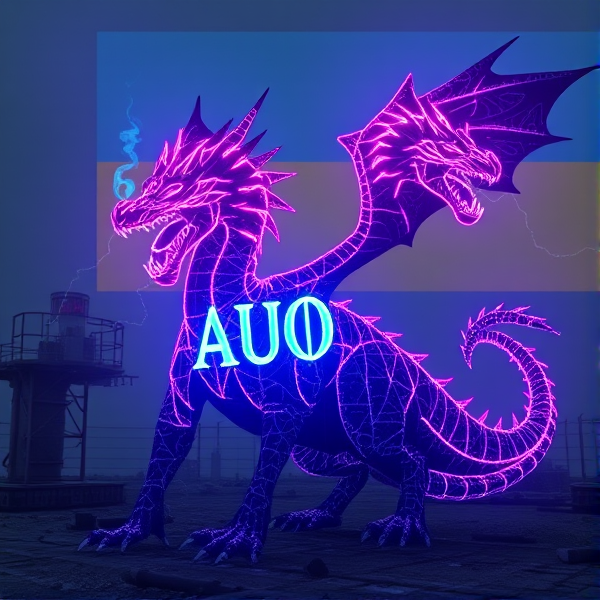 An intricately designed, streamlined wyvern bearing the vivid acronym "AUO" on its chest in a radiant, blue electric luminous font that casts an electric glow, emanating waves of intense energy. The dragon's scales are a masterpiece of detailed circuit patterns that shimmer with a lifelike electrical pulse. From its nostrils, ethereal streams of digital smoke curl upwards, timed with the deep, resonant roars that showcase its electrified sharp fangs. As a respectful nod to tribute and unity, incorporate elements of the Ukrainian flag within the composition. This majestic creature resides in a desolate post-apocalyptic landscape that accentuates its powerful presence. In the background is the Ukrainian flag, a rectangle, with the top half blue and the bottom half yellow.