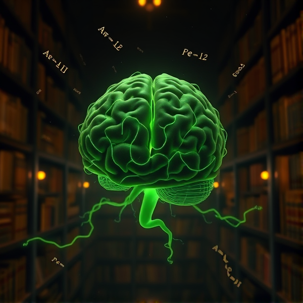 A brain made of intertwining green neural networks, glowing with a soft light, placed centrally on an ethereal plane with a subtle overlay of a human silhouette looking on with an envious expression, as complex cognitive neuroscience equations float around the scene. The background is a dark academia library filled with ancient neuroscience books, casting warm amber lighting that creates a focused spotlight effect on the brain. The style is hyper-realistic and meticulously detailed. Camera angle is from above at a slight tilt to capture the envious silhouette's profile and the majestic brain in the foreground
