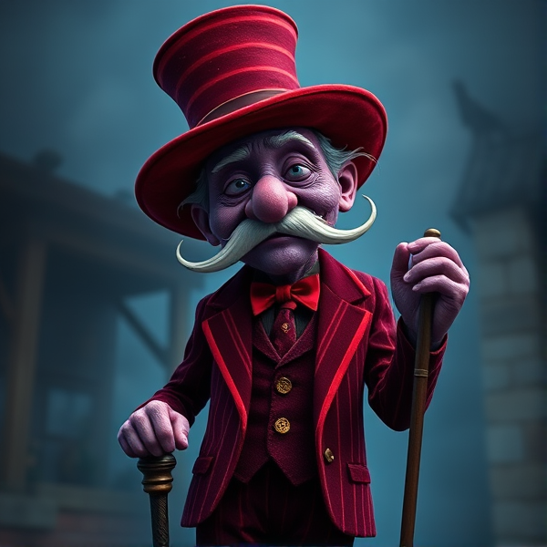 A dreamy elder man figure with purple skin, a squiggly mustache and a striped red velvet suit with a cane and a a top hat to match his suit and he’s tall
