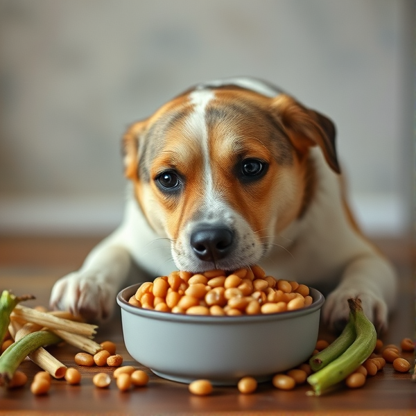 A dog eating beans like a human