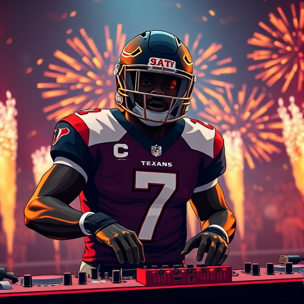 Animated black quarterback wearing number 7 jersey for Houston texans  DJing a  Football theme edm party. Pyrotechnics and lights in background