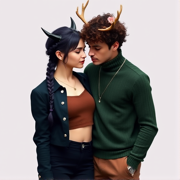 A woman with fair skin and dark dark purple hair braided into a single braid. She has small black horns that barely poke out past her hair. She has a gold necklace. She wears a cropped black jacket with silver buttons, a brown crop top underneath, and high waist black pants. Next to her is a man, slightly taller than her, with short brown very curly hair. He has deer antlers with flowers on then and a deer nose. He has a silver necklace. He wears a green turtleneck and brown pants. They are in love, hugging one another