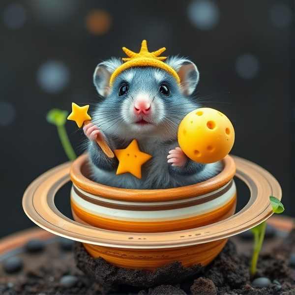 Hamster in a Saturn plant pot with rings with potting soil and other sprouts and blue sparkly fur with star eyes with a sunshine hat in the solar system holding a star and a moon made of Swiss cheese  in realism
