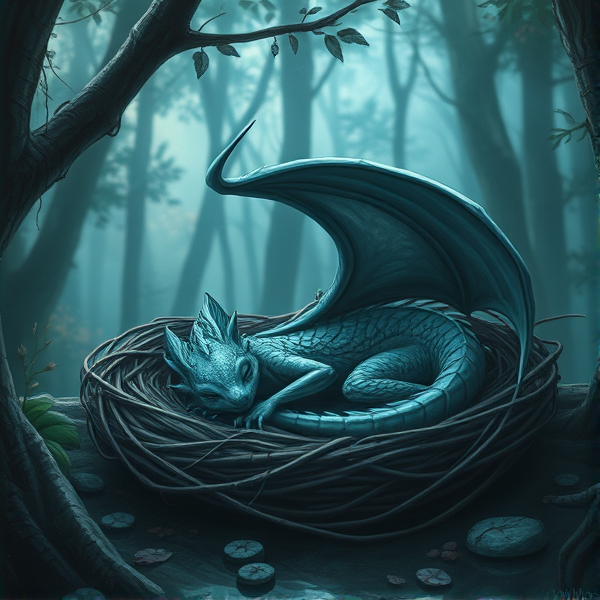 A Cyan and Black,  Baby dragon sleeping in a nest in a beautiful forest
