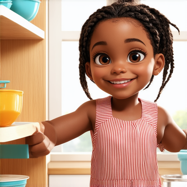 deux adolescents noirs de 14 ans vêtus de vêtements décontractés effectuant avec entrain des tâches ménagères dans une cuisine lumineuse et propre, leur petite sœur noire de 7 ans  tressés  à l'africaine les aidant joyeusement à ranger la vaisselle propre sur les étagères, fenêtre ouverte laissant entrer la lumière du jour