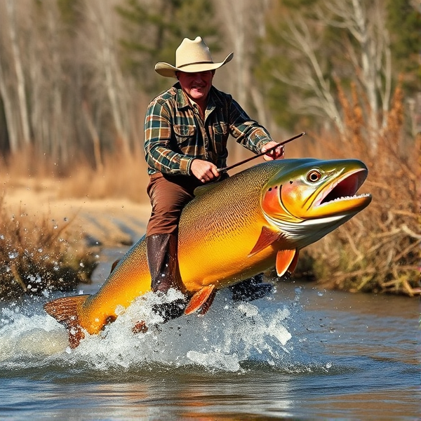 Cowboy riding a brown trout like a rodeo