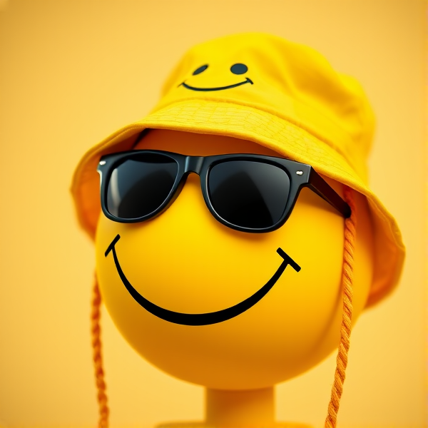 A yellow smiley face wearing a yellow bucket hat with a smiley face on it and black shades