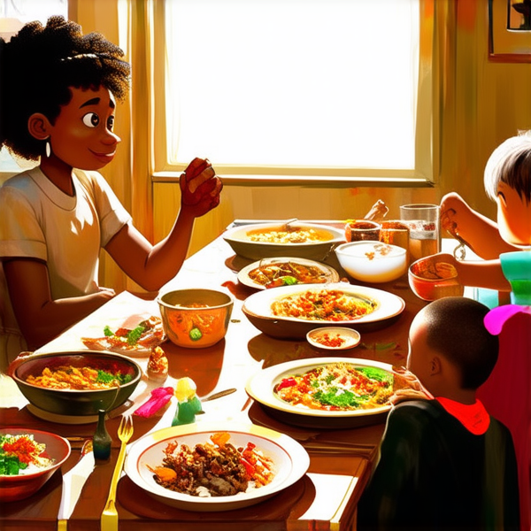 Repas de famille afro-américaine traditionnel, réunis autour d'une grande table avec des plats faits maison typiques