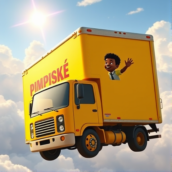 In heaven, all yellow moving truck that says the word "PIMPSKE" ON THE SIDE of trailer, black driver waving out window, truck is driving into heaven