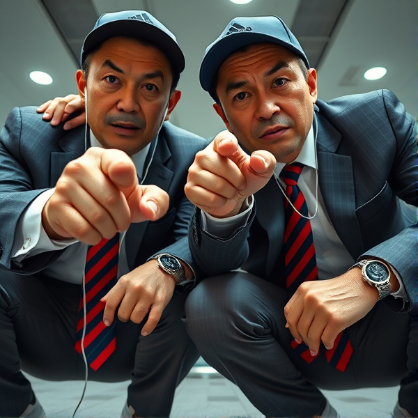 Deux  différents hommes d'affaires japonais puissants mature  accroupis et faché  portant des casquettes Adidas  et des cravates rayées longues  bleue rouge et oreillettes Apple 
Ils sont complices et conquérants , ils dominent 
 , accroupis pas trop et regard fort

Ils sont hypnotisant du regard , amis, complice , envoûtant , charismatique 
Ils se tiennent par les épaules , il fixent l objectif de la caméra,  faché pointing 

Vue contreplongée
Vue contreplongée 
Vue contre plongée