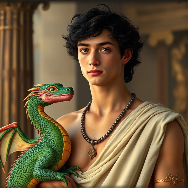 An Mycenaean young prince with tan skin and black curls. A new, young king, tall and lean, dressed in the chiton of a king. As king of thebes, he has two pet dragons. One green, one reddish-pink, whom are Cadmus and Harmonia. He also has a Statue of Ares in his throne room, fond of the strong God.