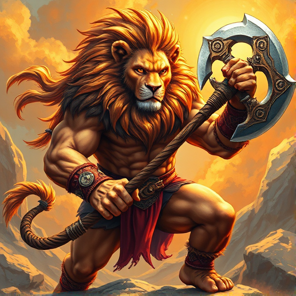 Un Lion barbare dieux du soleil une hache comme Léo escanor, avec des poils de lion et une carrure imposante