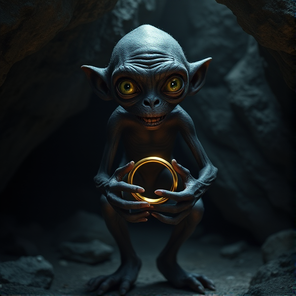 Make a photo of gollum from lord of the rings. He is about 3 feet tall, and is a skinny creature with black skin, only six teeth, and two large, luminous eyes. He has cold clammy hands and webbed feet. He stands in an underground cave, and holds a golden finger ring in his hands.