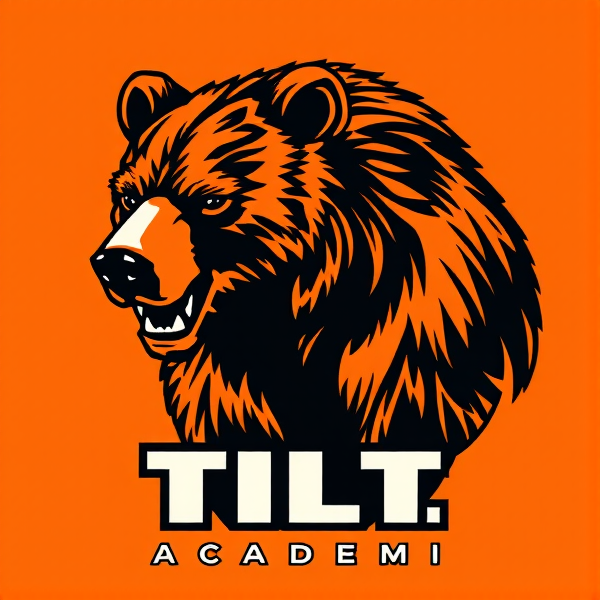 Conception d'un logo sophistiqué avec un ours grizzly majestueux et imposant, illustré avec des détails fins et réalistes, dans des teintes éclatantes d'orange et de noir. Le grizzly doit être représenté dans une pose noble qui reflète sa puissance. Incorporer le texte 'Tilt Académie' avec une typographie élégante et moderne qui s'harmonise parfaitement avec l'image, créant ainsi un ensemble cohérent et esthétiquement agréable. Les lettres doivent se fondre naturellement dans la conception sans perturber l'image du grizzly. Style artistique raffiné requis pour une image de haute qualité professionnelle.