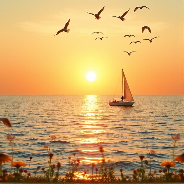A luminous sunrise over a tranquil sea, the horizon line precisely at the center of the picture plane, instilling a sense of balance and hope. The radiant sun casts golden hues upon the gentle waves, while a solitary boat with a billowing white sail moves towards the light, embodying progress and optimism. A flock of birds ascends into the pastel-colored sky, symbolizing freedom and aspiration. In the foreground, delicate wildflowers on the shore sway in harmony with a soft morning breeze. The style is hyper-realistic with intricate details capturing every ripple of water and feather of each bird. The lighting is natural and warm, highlighting textures and providing depth. Camera position is at eye-level with a wide-angle view to encompass both the vastness of the sea and the grandeur of the sky