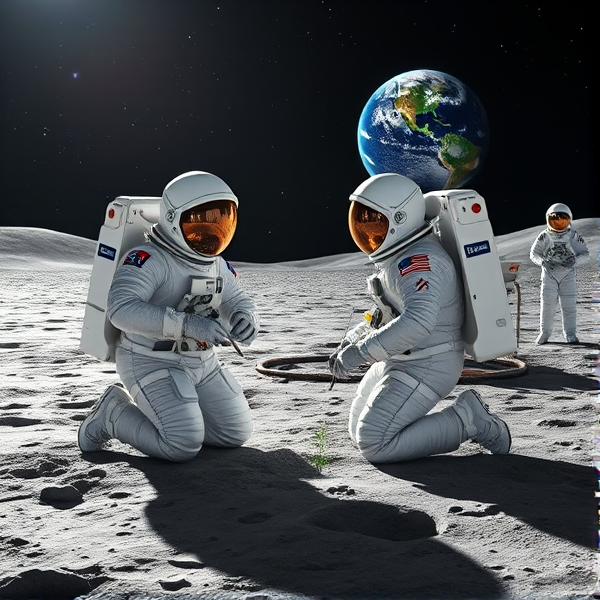 Trois astraunauteet un extraterrestre astronaute méticuleux vêtu d'une combinaison spatiale très détaillée aux nuances de blanc perle et d'acier chromé, avec des marques distinctives fidèles à l'esthétique NASA et des éléments réfléchissants subtiles, se tient agenouillé dans une posture mesurée et symétrique sur le sol gris poussiéreux et richement texturé de la lune. La scène est baignée dans une lumière douce et diffuse émanant d'un ciel nocturne profond, constellé d'étoiles scintillantes dévoilant des constellations précises et un dégradé harmonieux allant du noir ébène au bleu outremer. Son casque spacieux offre un effet miroir parfait, reflétant les alentours avec clarté alors que ses gants renforcés, équipés de systèmes de contrôle tactile avancés, manœuvrent habilement les instruments spécialisés pour la culture en apesanteur. Concentré sur sa tâche, il utilise une trousse d'outillage spécifique pour la plantation qui comprend des pipettes de précision, afin de planter minutieusement des graines de pavot dans le substrat enrichi en nutriments essentiels situé à l'intérieur d'un biodôme lunaire transparent. Ce dernier abrite un réseau complexe et finement conçu de systèmes hydroponiques avant-gardistes accompagnés d'une installation lumineuse à spectre complet soigneusement ajustée pour simuler les conditions optimales terrestres nécessaires à la photosynthèse en milieu extraterrestre. En arrière-plan se profile un module d'atterrissage spatial au design sophistiqué et épuré qui arbore avec distinction le logo emblème du Québec sur son flanc poli. Le paysage lunaire alentour contraste fortement avec ce signe de présence humaine grâce à ses cratères nets et ses monticules réalistes. Suspendue au-dessus de l'horizon sélénite, la Terre offre une toile spectaculaire aux couleurs vibrantes mais naturelles : océans azurés, continents verdoyants teintés par la diversité des biomes terrestres et nuages filamenteux caressant doucement l'atmosphère visible. Non loin du site d'expérimentation agricole spatial se trouvent judicieusement disposés différents instruments scientifiques ultra-précis: capteurs environnementaux multiparamètres, moniteurs de croissance végétale dotés d'I.A., ainsi qu’un petit panneau solaire flexible assurant l'énergie nécessaire à leurs fonctions. Un petit fanion du Manchester City Football Club flotte doucement sur le côté du module habitable, ajoutant une touche ludique à cet environnement studieux qui symbolise également un partenariat entre les sciences spatiales et le sport représentatif de cette nouvelle 'Manchester City' interplanétaire.gigantesque serre de légumes bio,coccinelle lunaire