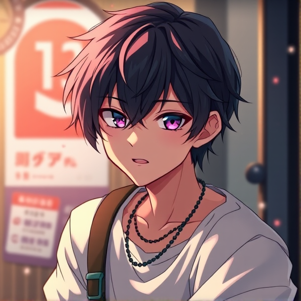 Anime, feminine guy, short dark hair, very cute . He's edgy, and blows everything out of proportions in all situations