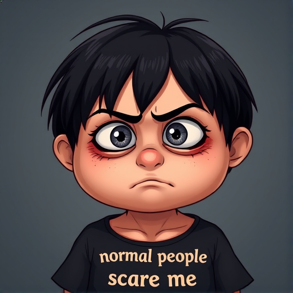 Une sorcière ronde aux cheveux cours noirs avec des yeux gris, visage rond. Elle a l'air agacée. Habillée avec un t-shirt sur lequel il est écrit "normal people scare me"