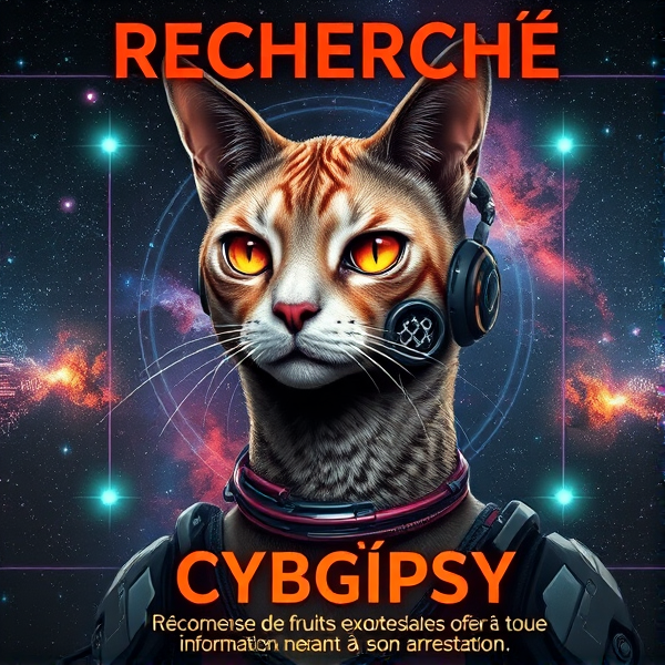 Affiche cyberpunk futuriste et intimidante située en l'année 2500. Portrait détaillé d'un hybride chat-lama-cyborg, connu sous le nom de CybGipsy, figurant sur un avis de recherche. Ce cyborg se caractérise par des prothèses cybernétiques sophistiquées, une trompe latérale fonctionnelle pour aspiration et des interfaces neurales parfaitement intégrées. Le fond spatial met en scène un cosmos aux étoiles scintillantes et nébuleuses aux couleurs éclatantes. Des hologrammes dynamiques entourent le portrait avec l'inscription : "RECHERCHÉ : CybGipsy - Pour trafic de fruits exotiques interstellaires. Récompense généreuse offerte pour toute information menant à son arrestation."