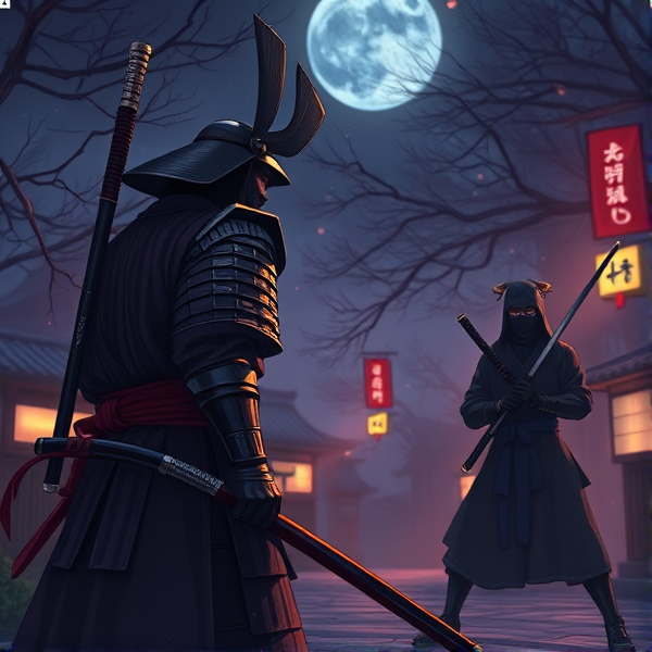 One samurai is standing ready to fight intensely against two ninjas at night
