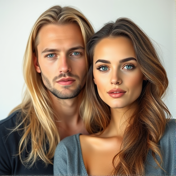 Long blonde haired Swedish man and Italian brunette woman models no makeup no facial hair