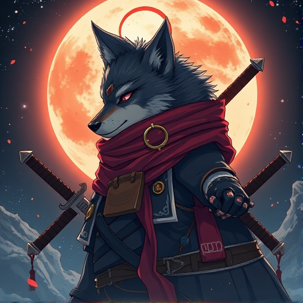 Loup roublard maitre de l'éclipse lunaire avec un écharpe rouge autours du cou et avec deux épées dans le dos