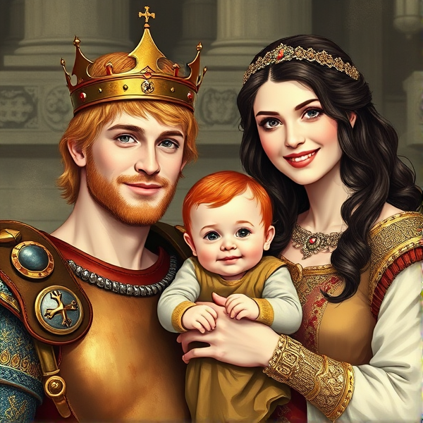 portrait of blonde short haired King Arthur wearing a crown and dark brown haired Queen Guinevere holding a red haired baby girl, both smiling