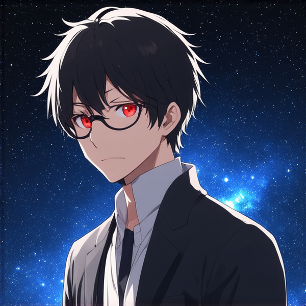 je veux une image d'un homme au style geek posant devant un fond cosmique étoilé de l'univers, ses yeux étincelants d'une lueur rouge intense avec des pupilles finement dessinées qui ressortent esthétiquement sur son visage. Il doit être vêtu simplement avec un logo distinctif 'brantaz' sur sa tenue. sans lunette