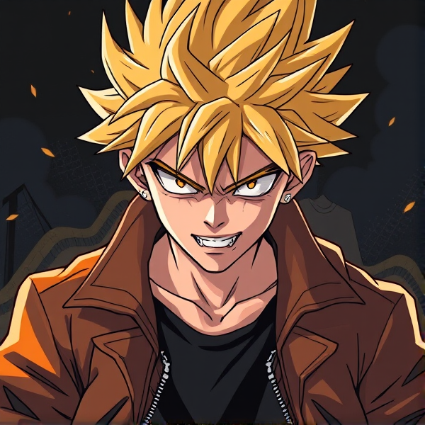 Create a image in the style of "My Hero Academia" featuring an original male character around 15 years old, who exudes a palpable sense of malevolence. He should have vibrant, spiky, jagged blonde hair.  Put him in a open jacket.