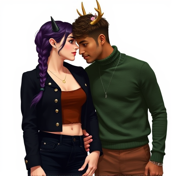 A woman with fair skin and dark dark purple hair braided into a single braid. She has small black horns that barely poke out past her hair. She has a gold necklace. She wears a cropped black jacket with silver buttons, a brown crop top underneath, and high waist black pants. Next to her is a man, slightly taller than her, with short brown very curly hair. He has deer antlers with flowers on then and a deer nose. He has a silver necklace. He wears a green turtleneck and brown pants. They are in love, hugging one another and looking into eachother's eyes