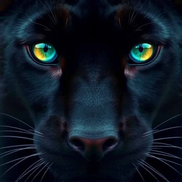 Visage d'une panthère noir aux yeux très bleu en trois couleurs verticales vert jaune et bleu foncé