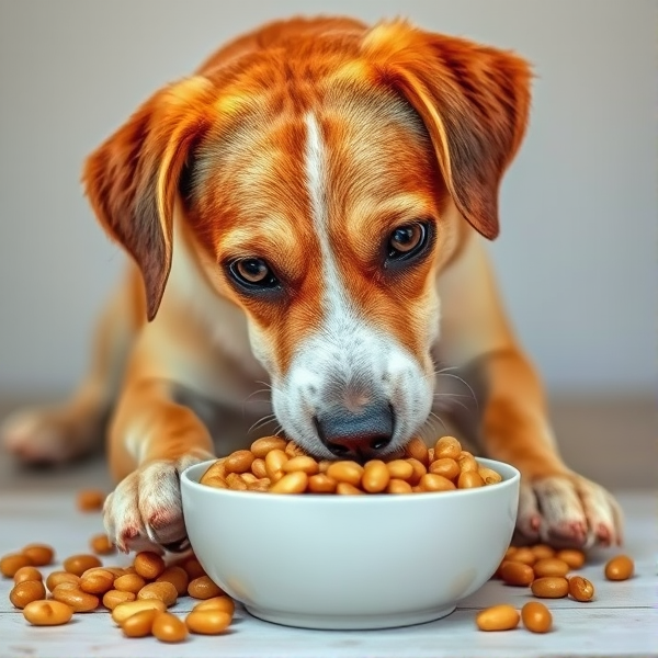 A dog eating beans like a human