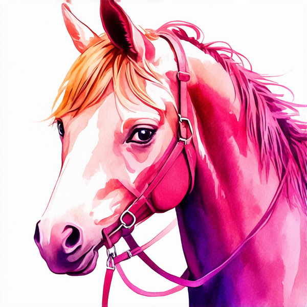 Aquarelle dynamique et détaillée : Femme de profil, représentée en entier, avec des cheveux rose fuchsia ombrés en blond platine à la racine, tressés soigneusement. Elle monte un cheval au galop. La cavalière est vêtue d'un jean bien ajusté et affiche une posture élégante sur le cheval. L'arrière-plan est flou pour donner l'impression de mouvement rapide, mais la femme et le cheval sont peints avec précision et clarté.