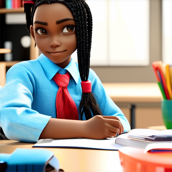 ecoliere agée de 10 ans noire avec des tresses assise sur un bureau en classe