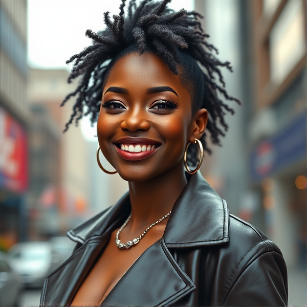 beautifull young African American woman with a vibrant smile, stylishly dressed in modern fashion, posing confidently against an urban background